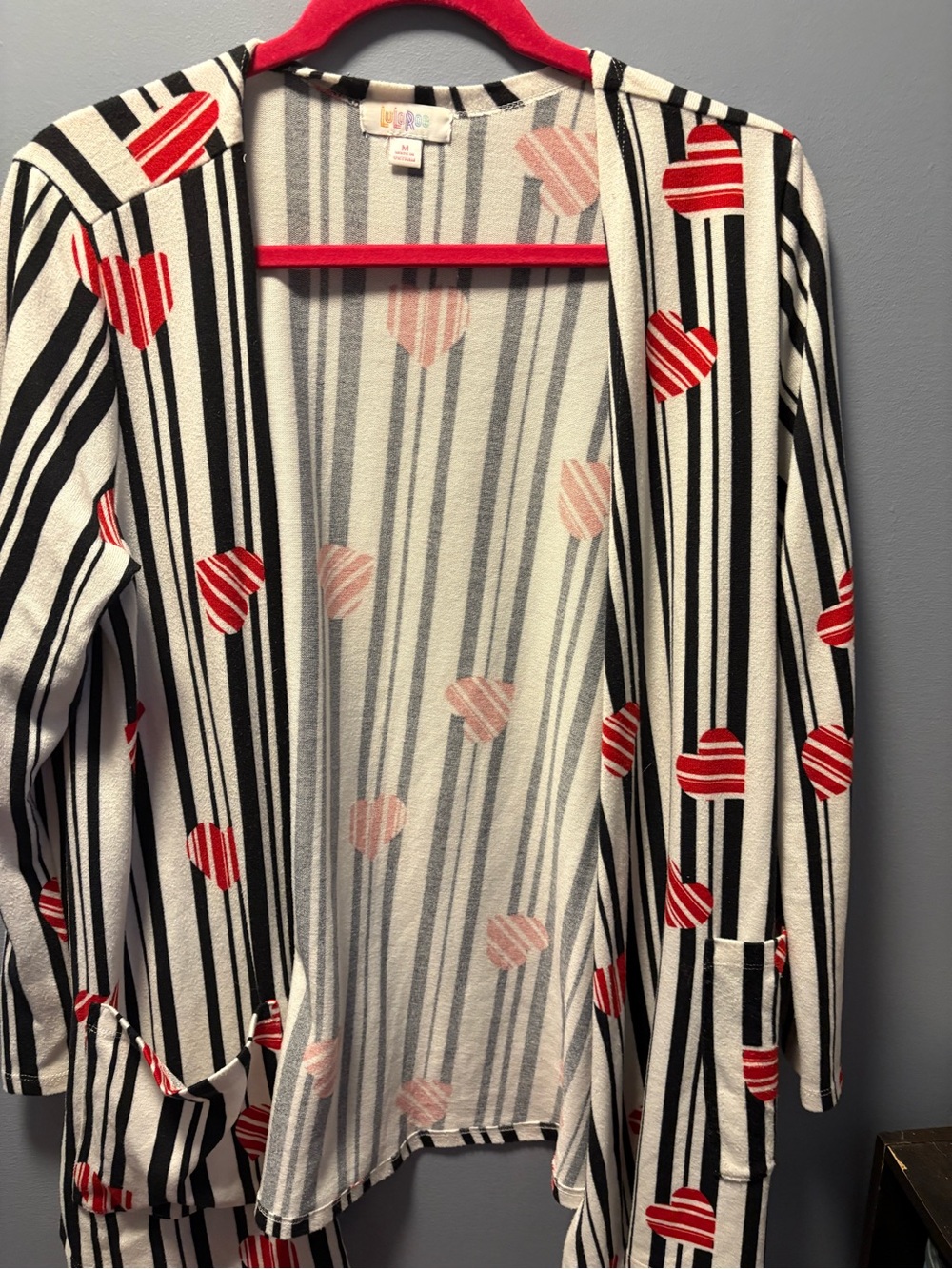 LuLaRoe Black & White Striped Open Cardigan with Red Heart Print